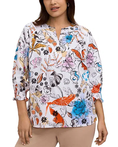 Foxcroft Plus Alicia 3/4 Sleeve Tropical Watercolor Shirt In Multi