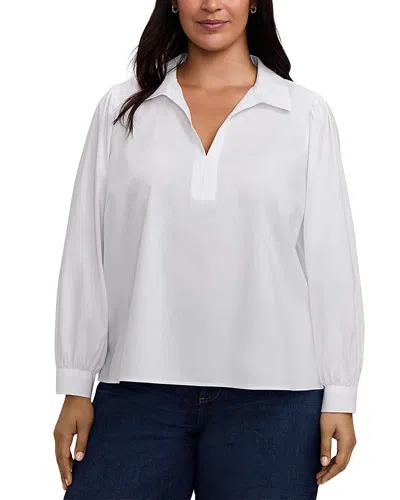 Foxcroft Plus Alix Long Puff Sleeve Stretch Popover Shirt In White