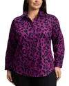 Foxcroft Plus Charlie Cheetah Long Sleeve Shirt In Plum/black