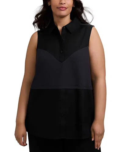 Foxcroft Plus Chelsea Sleeveless Knit Woven Layer Tank Top In Black