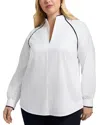 Foxcroft Plus Daphne Long Sleeve Matte Sateen Popover Shirt In White