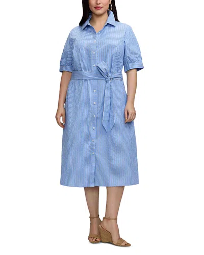 Foxcroft Plus Esther Elbow Sleeve Mini Stripe Seersucker Dress In Multi