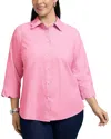 Foxcroft Plus Gwen Three Quarter Sleeve Pinpoint Oxford Shirt In Pink Sea Glass