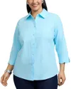 Foxcroft Plus Gwen Three Quarter Sleeve Pinpoint Oxford Shirt In Soft Aqua