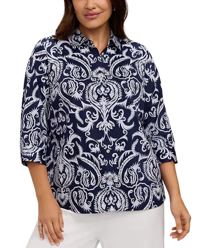 Foxcroft Plus Hampton 3/4 Sleeve Damask Shirt In Multi