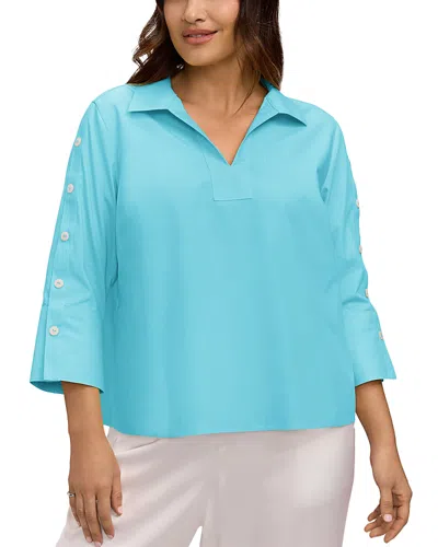 Foxcroft Plus Lainey 3/4 Sleeve Popover Blouse In Blue