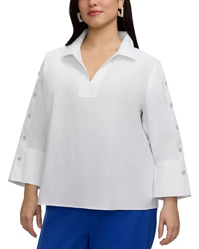Foxcroft Plus Lainey 3/4 Sleeve Popover Blouse In White