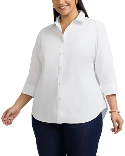 Foxcroft Plus Margie 3/4 Sleeved Pinpoint Oxford Shirt In White