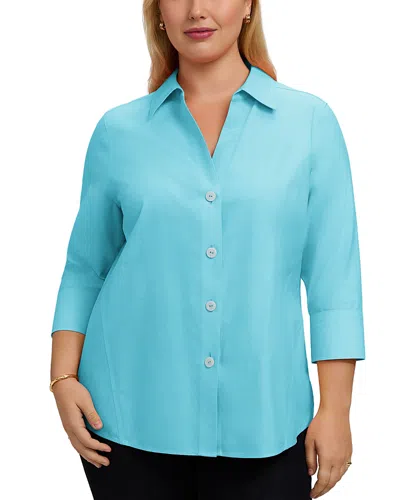 Foxcroft Plus Paige Three-quarter Sleeve Poplin Shirt In Blue