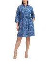 Foxcroft Plus Paisley Button Front 3/4 Sleeve Dress In Blue