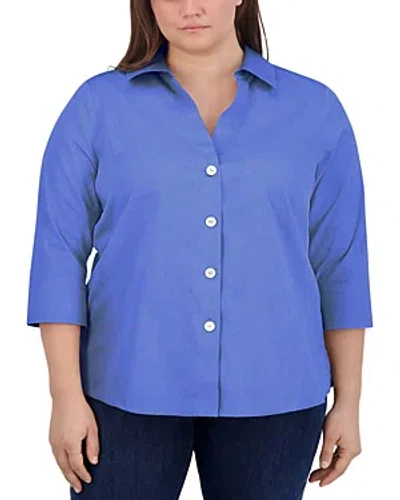 Foxcroft Plus Paityn Three-quarter Sleeve Poplin Shirt In Blue