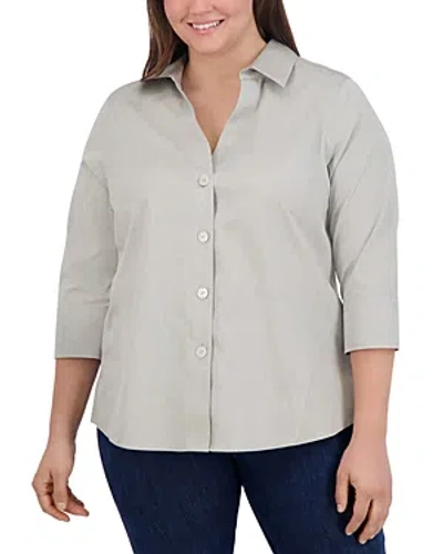 Foxcroft Plus Paityn Three-quarter Sleeve Poplin Shirt In Silver