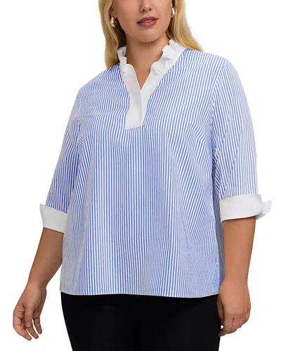 Foxcroft Plus Tammy 3/4 Sleeve Stripe Shirt In Blue