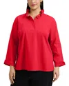 Foxcroft Plus Tammy Long Sleeve Popover Top In Red