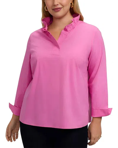 Foxcroft Plus Tammy Long Sleeve Popover Top In Pink