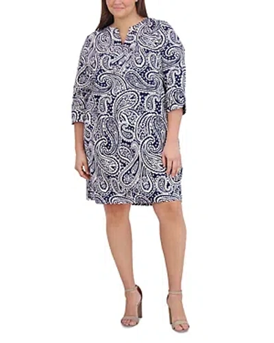 Foxcroft Plus Vena Paisley Dress In Navy/white