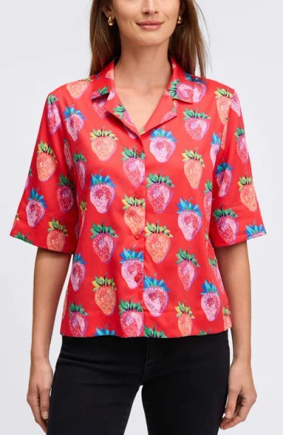 Foxcroft Quinn Strawberry Print Contrast Cuff Cotton Button-up Shirt In Multi