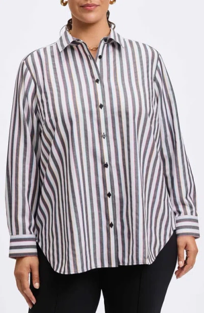FOXCROFT FOXCROFT RAINBOW STRIPE RELAXED FIT COTTON BLEND BUTTON-UP SHIRT