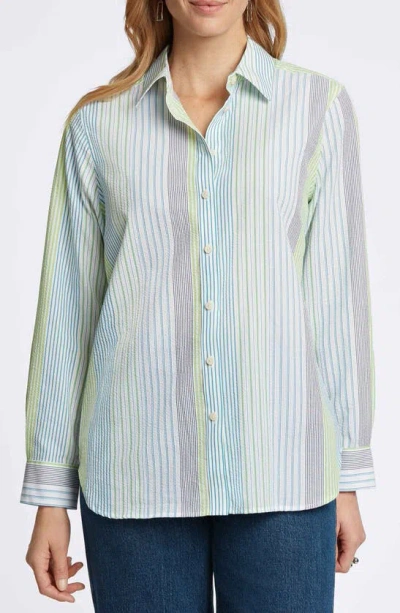 Foxcroft Relaxed Variegated Stripe Seersucker Button-up Shirt In Blue Multi