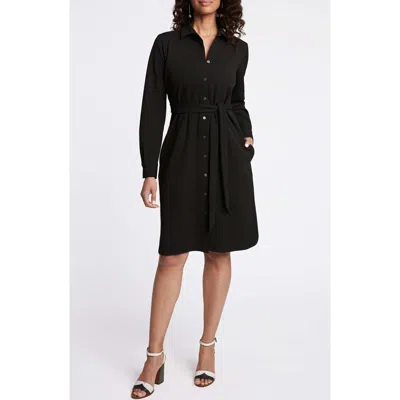 Foxcroft Rocca Belted Long Sleeve Crepe Knit Shirtdress In Black