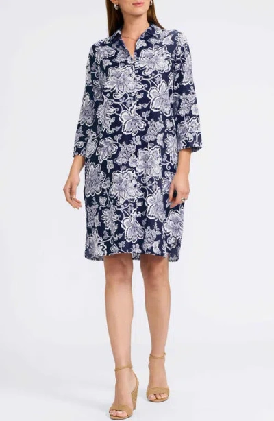 Foxcroft Rocca Floral Print Belted Shirtdress In Black