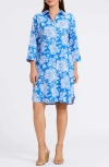 Foxcroft Rocca Floral Print Belted Shirtdress In Cobalt Blue