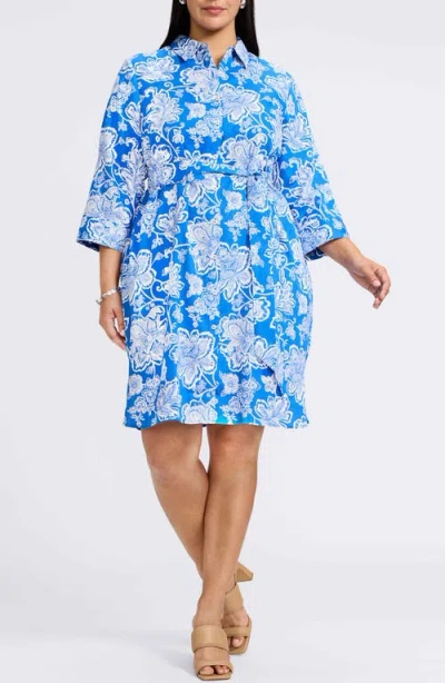 Foxcroft Rocca Floral Print Belted Shirtdress In Cobalt Blue/white
