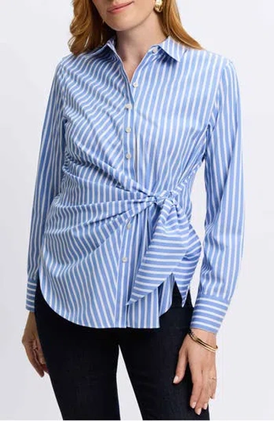 Foxcroft Sabine Stripe Side Tie Button-up Shirt In Periwinkle