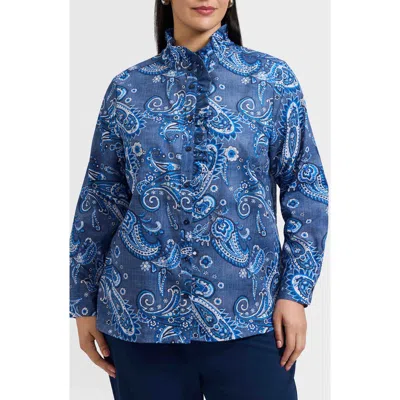Foxcroft Sadie Paisley Ruffle Cotton Poplin Button-up Shirt In Blue