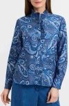 Foxcroft Sadie Paisley Ruffle Cotton Poplin Button-up Shirt In Blue
