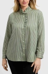 Foxcroft Sadie Stripe Ruffle Button-up Shirt In Green