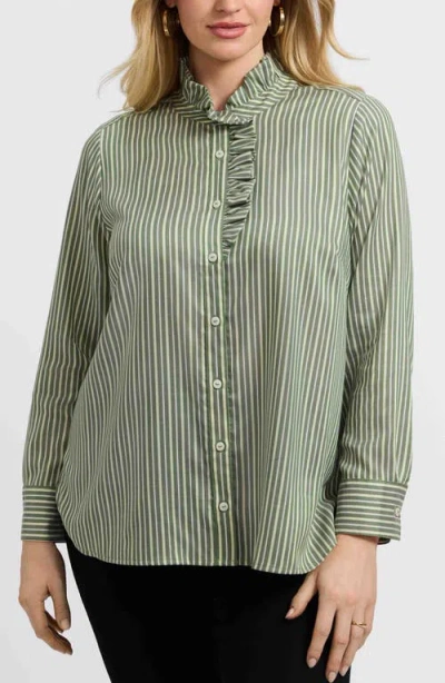 Foxcroft Sadie Stripe Ruffle Button-up Shirt In Green