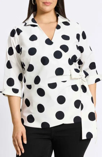 Foxcroft Salina Dot Print Cotton Poplin Wrap Shirt In White/black