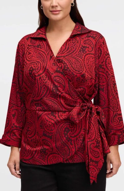 Foxcroft Salina Paisley Print Cotton Blend Wrap Shirt In Black/red