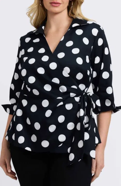 Foxcroft Salina Polka Dot Cotton Wrap Top In Black