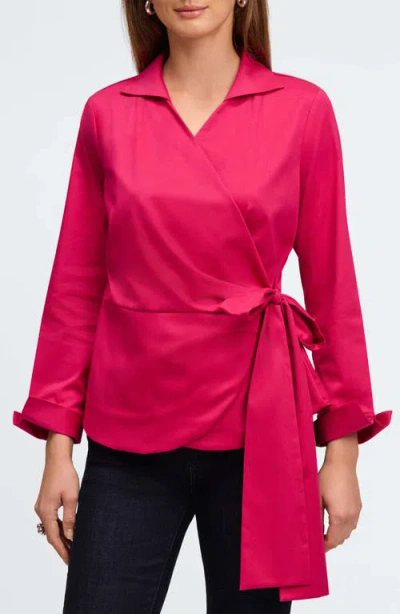 Foxcroft Salina Stretch Cotton Blend Wrap Shirt In Ruby Pink