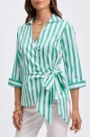Foxcroft Salina Stripe Cotton Blend Wrap Shirt In Kelly Green/white