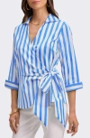 Foxcroft Salina Stripe Cotton Blend Wrap Shirt In Blue