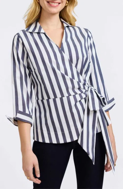 Foxcroft Salina Stripe Cotton Blend Wrap Shirt In Navy/white