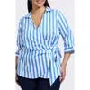 Foxcroft Salina Stripe Cotton Clend Wrap Shirt In Cobalt Blue White