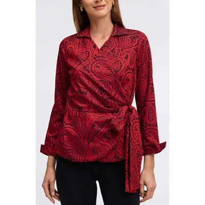 Foxcroft Saline Paisley Jacquard Wrap Top In Black/red