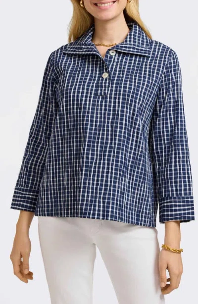 Foxcroft Sammy Check Crinkled Cotton Blend Top In Blue