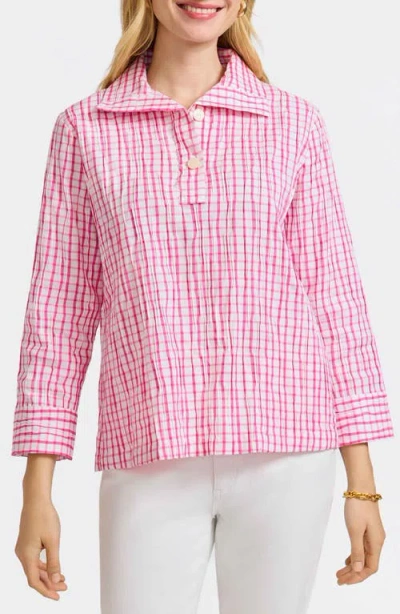 Foxcroft Sammy Check Crinkled Cotton Blend Top In Pink