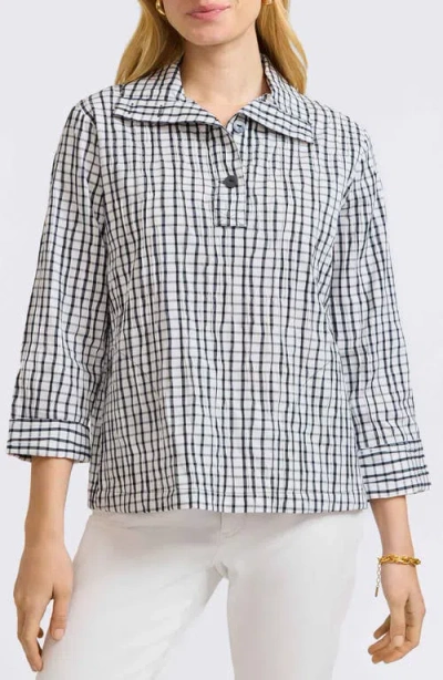 Foxcroft Sammy Check Crinkled Cotton Blend Top In White