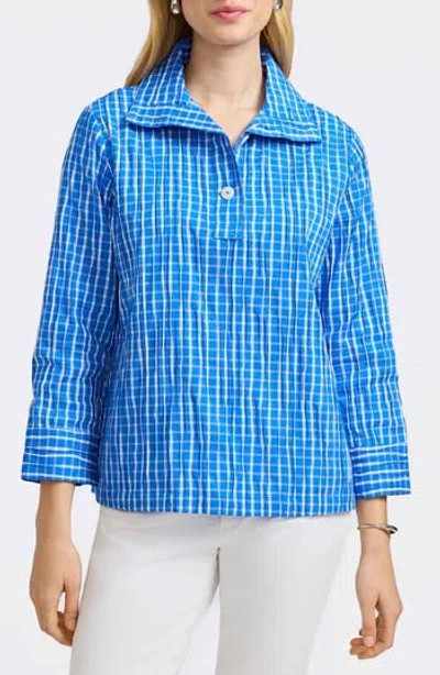 Foxcroft Sammy Check Crinkled Cotton Blend Top In Cobalt Blue/ White