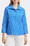 Foxcroft Sammy Check Crinkled Cotton Blend Top In Cobalt Blue/white