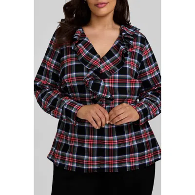 Foxcroft Sandy Plaid Ruffle Neck Long Sleeve Popover Top In Multi