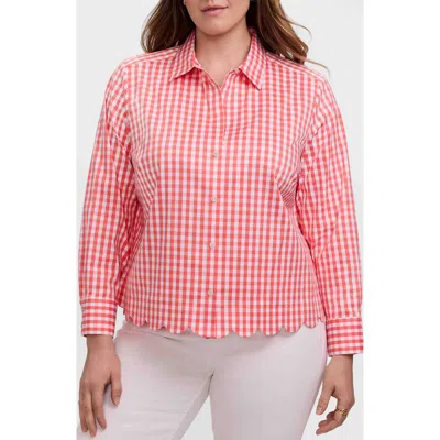 Foxcroft Scarlett Gingham Scallop Hem Button-up Shirt In Red