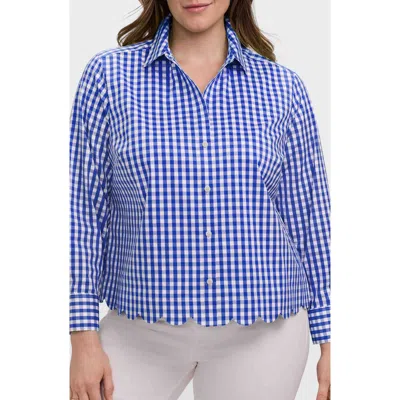 Foxcroft Scarlett Gingham Scallop Hem Button-up Shirt In Blue