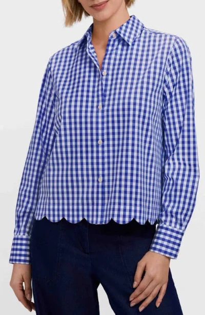 Foxcroft Scarlett Gingham Scallop Hem Button-up Shirt In Blue